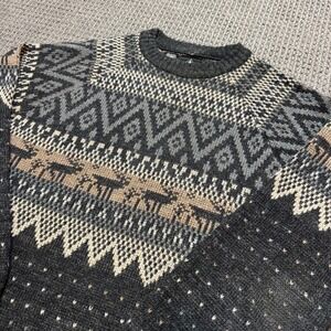 Vintage Kennington Mens Sweater Large Fair Isle Nordic Deer Cabincore 80s Grey‎